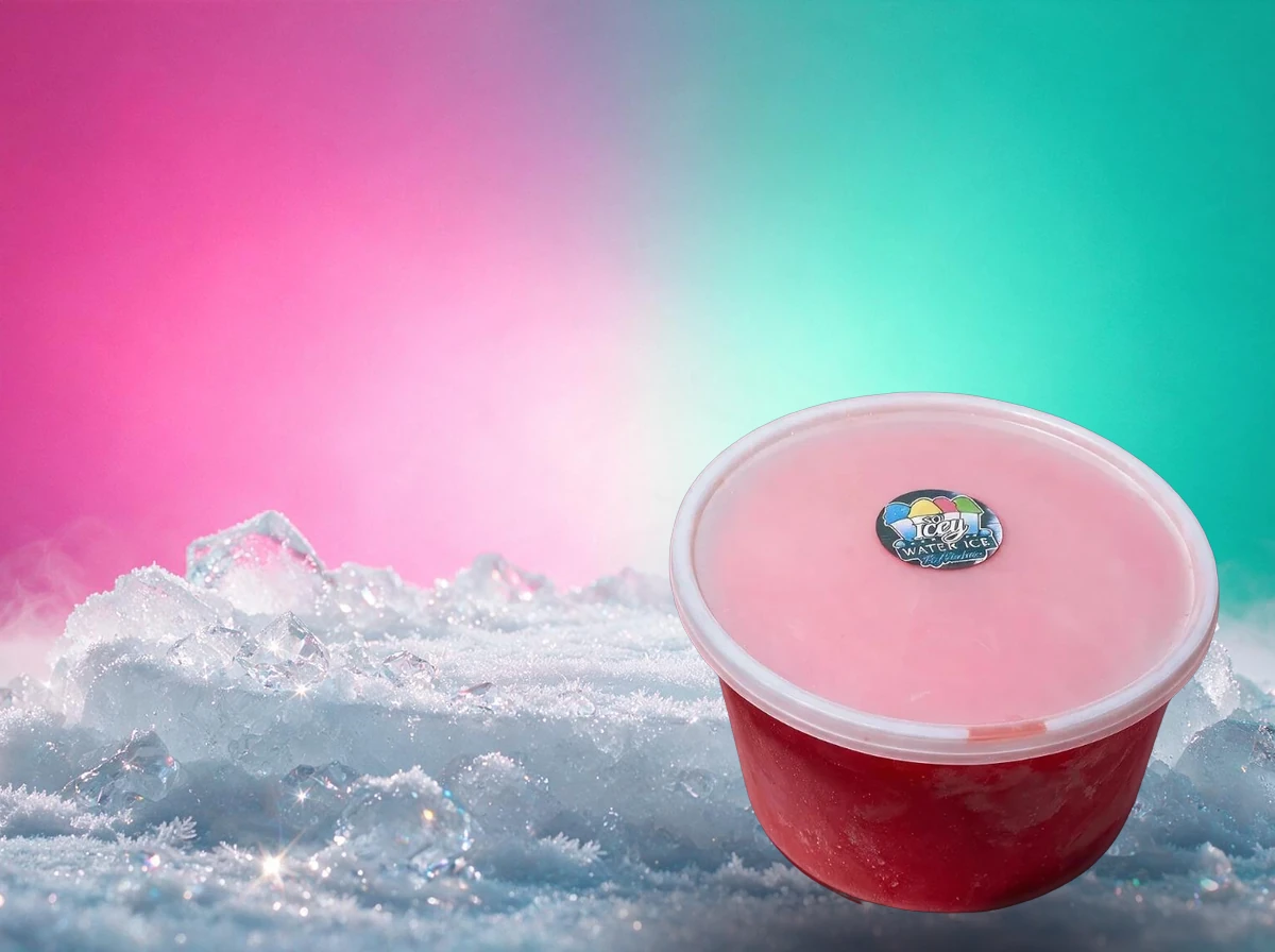 A watermelon gallon with the flavor handwritten on the lid, on a rose icy ground with sparkle