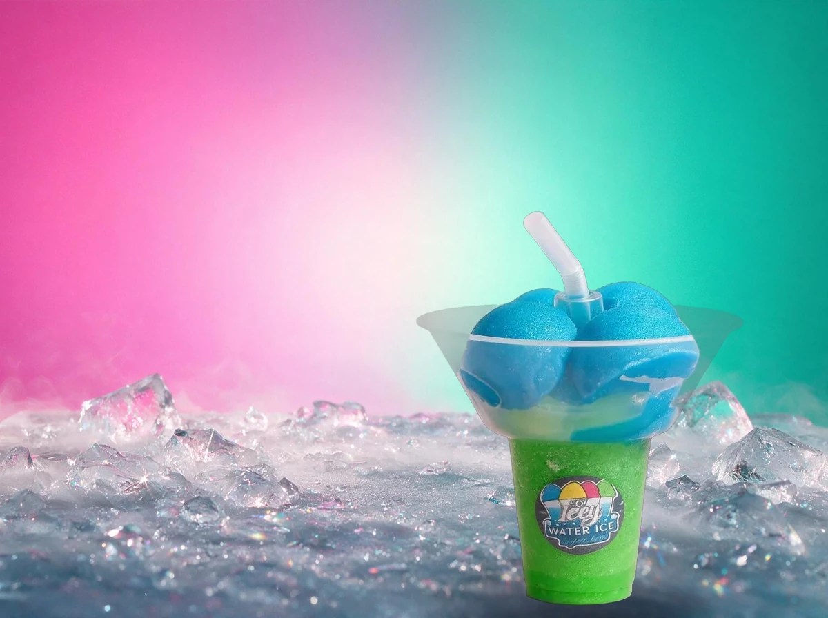 An Icey Stack flare cup, blue scoops over green slushy, on a pale icy ground with sparkle
