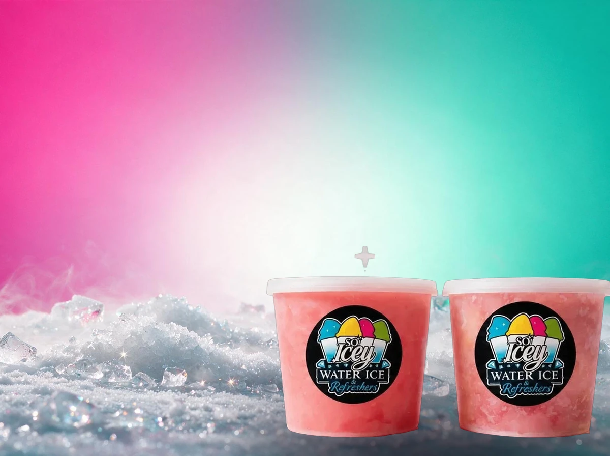 Two So Icey tubs side by side, watermelon and strawberry lemonade, on a pale icy ground