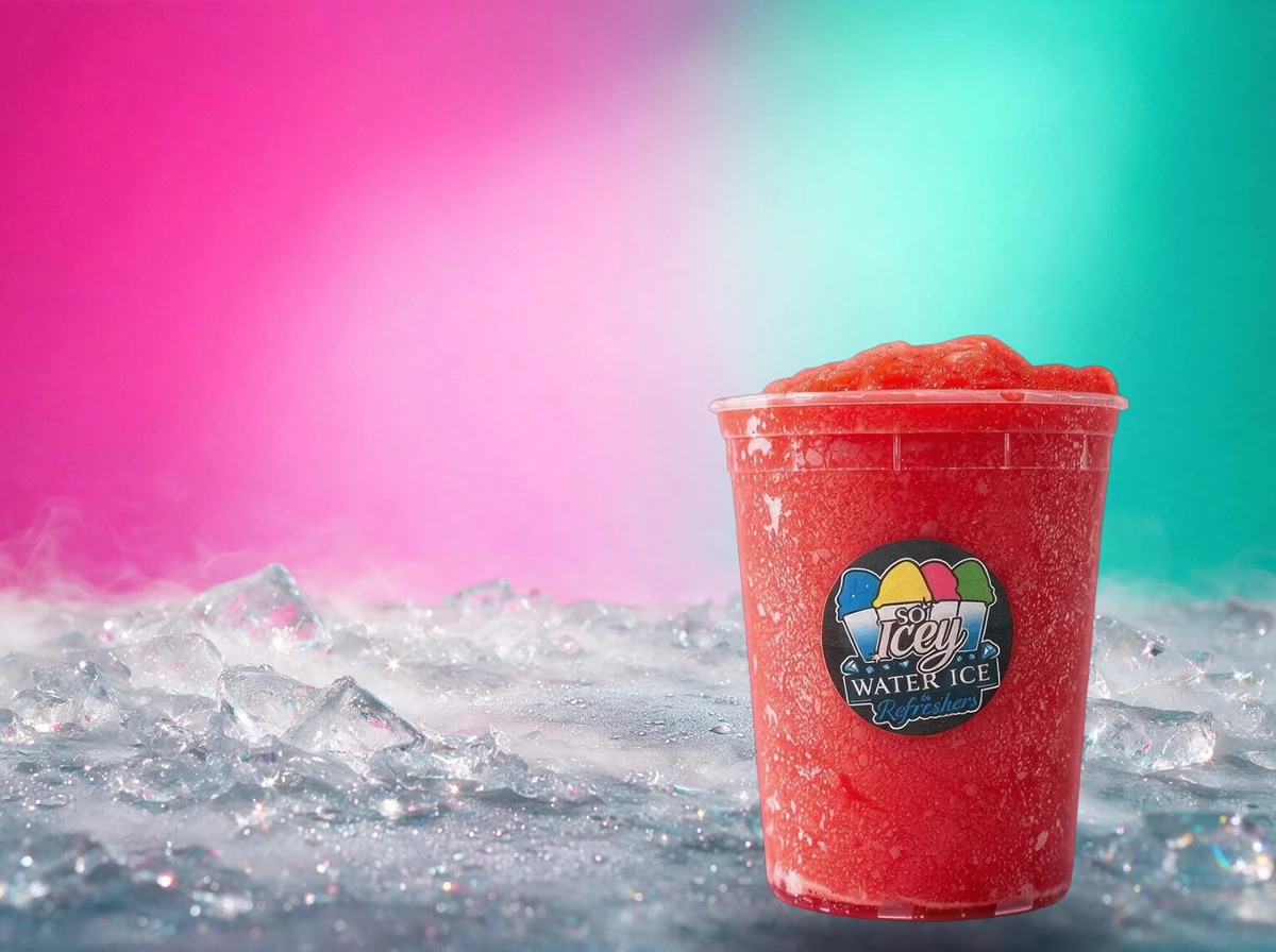 A cup of So Icey red Water Ice on a hot pink ground, frost and sparkle around it