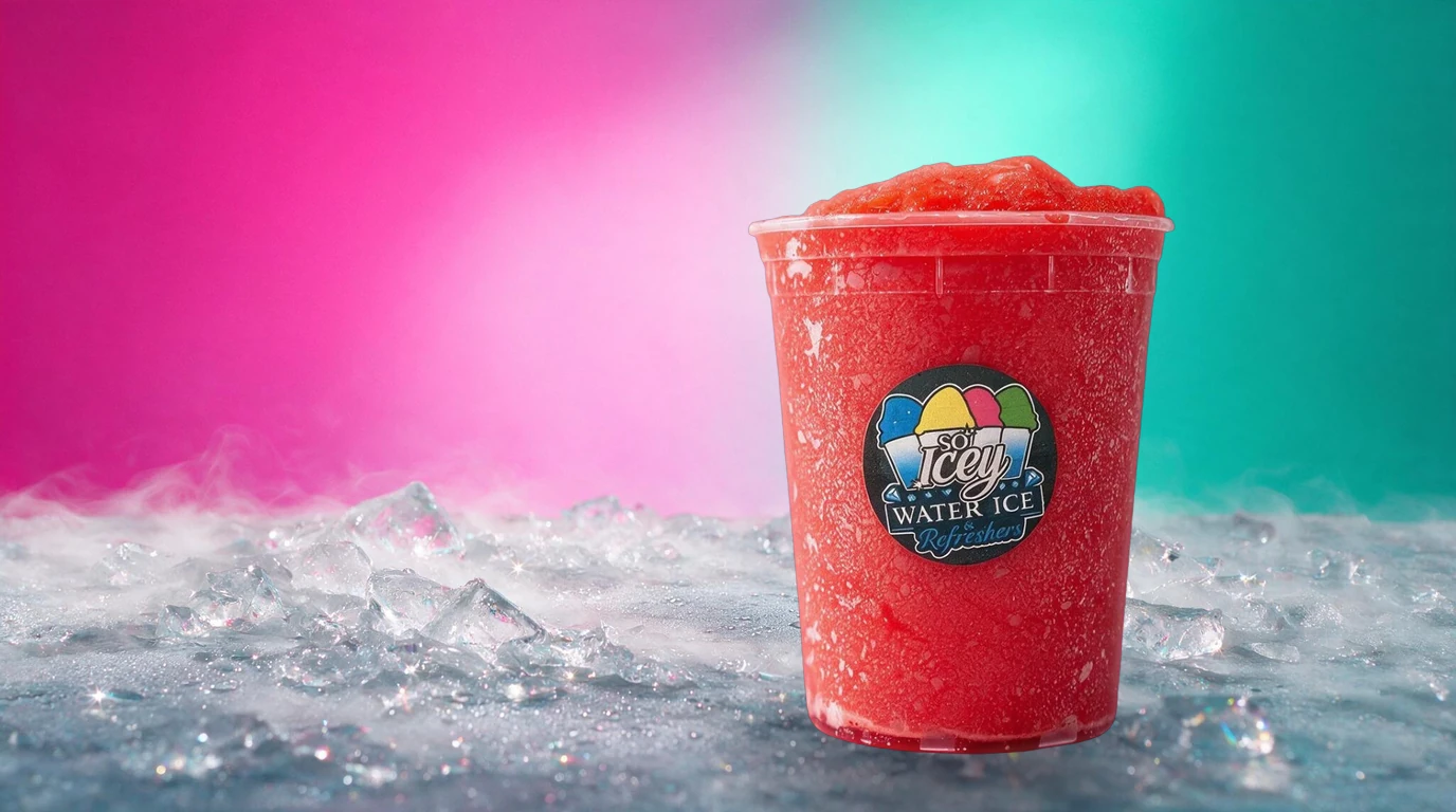 A cup of So Icey red Water Ice on a hot pink ground, frost and sparkle around it