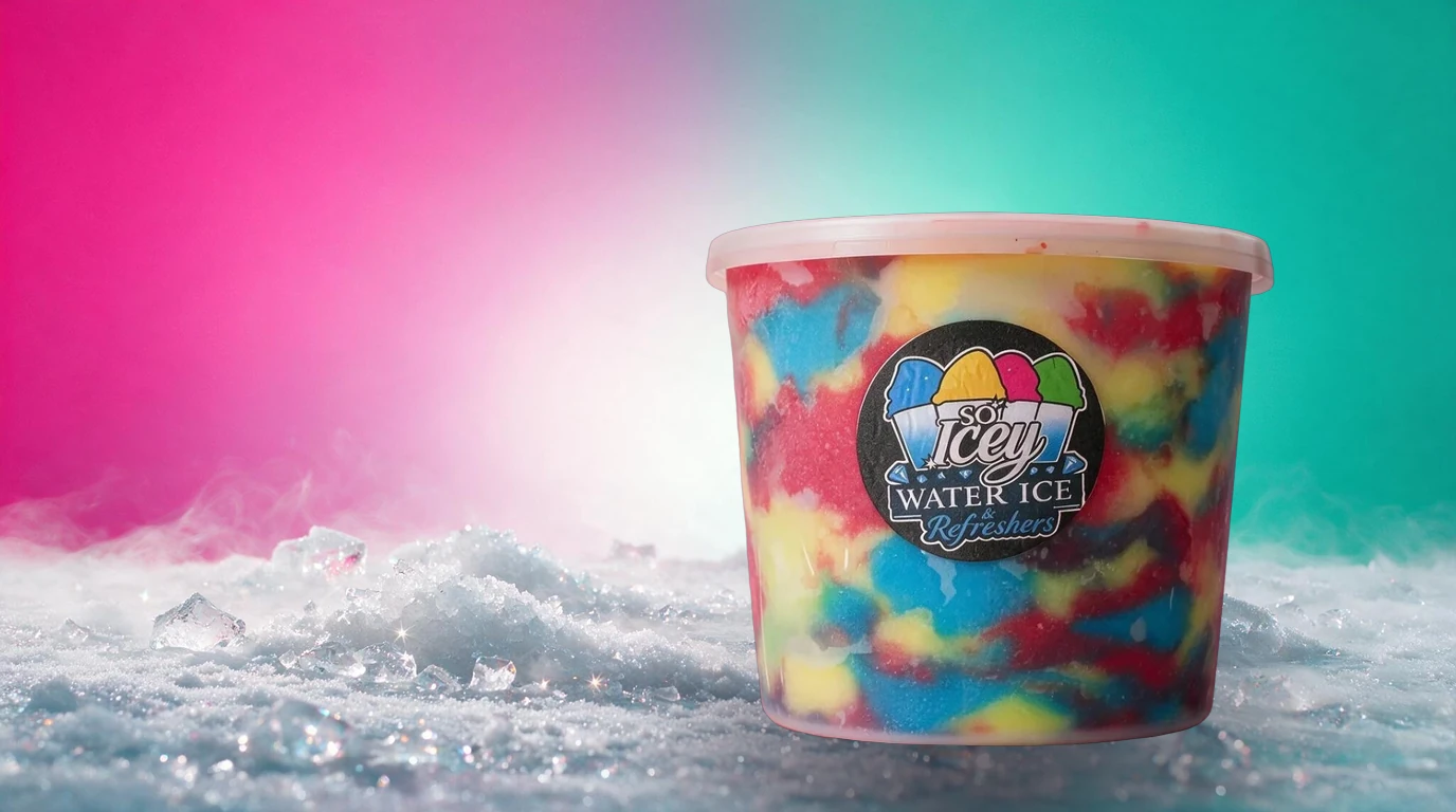 A rainbow swirl gallon on a rose icy ground with frost and sparkle